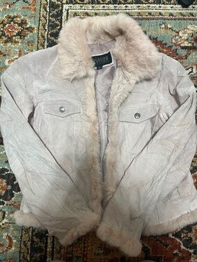 Vintage Shearling Trim Women's Pink Genuine Suede Leather Jacket